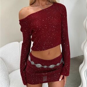 THAT’S SO FETCH Jarvis Long Sleeve Elegant Red Off-Shoulder Top+Skirt Set